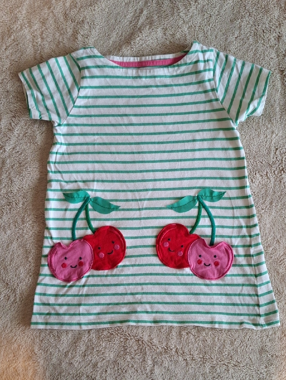 Girls' White & Green Stripe Cherry Appliqué Tee Dress, Tunic, Size 6-7